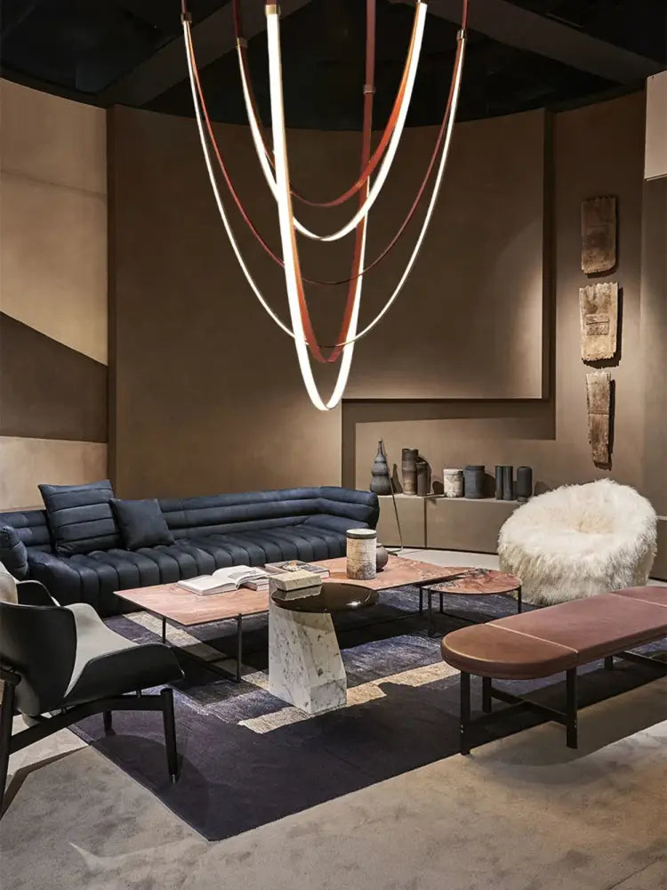 A trendy diy flexible led chandelier light with intertwined white and brown leather belt bands for living room decor