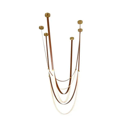 DecorBites trendy leather belt led chandelier light with brown and cream leather straps and brass finish for living room