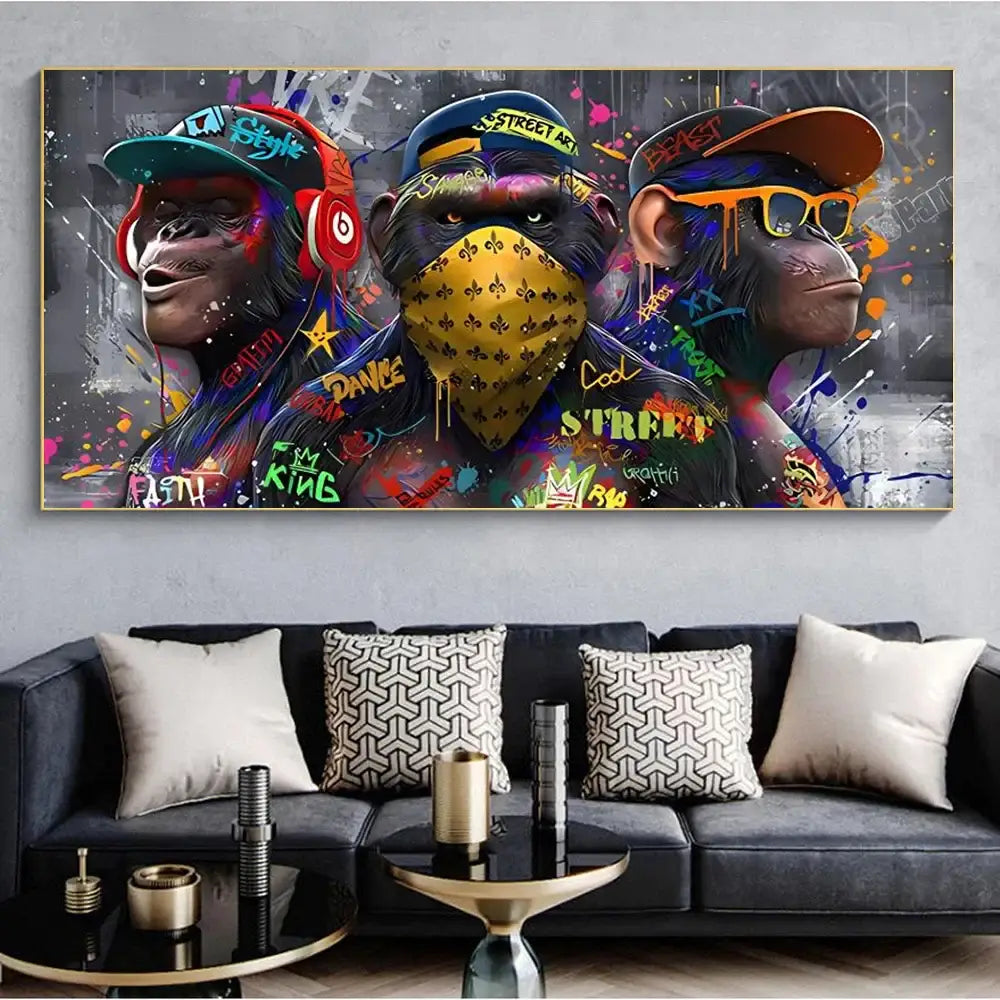 Vibrant graffiti-style canvas wall art print featuring three trendy orangutans in colorful streetwear accessories