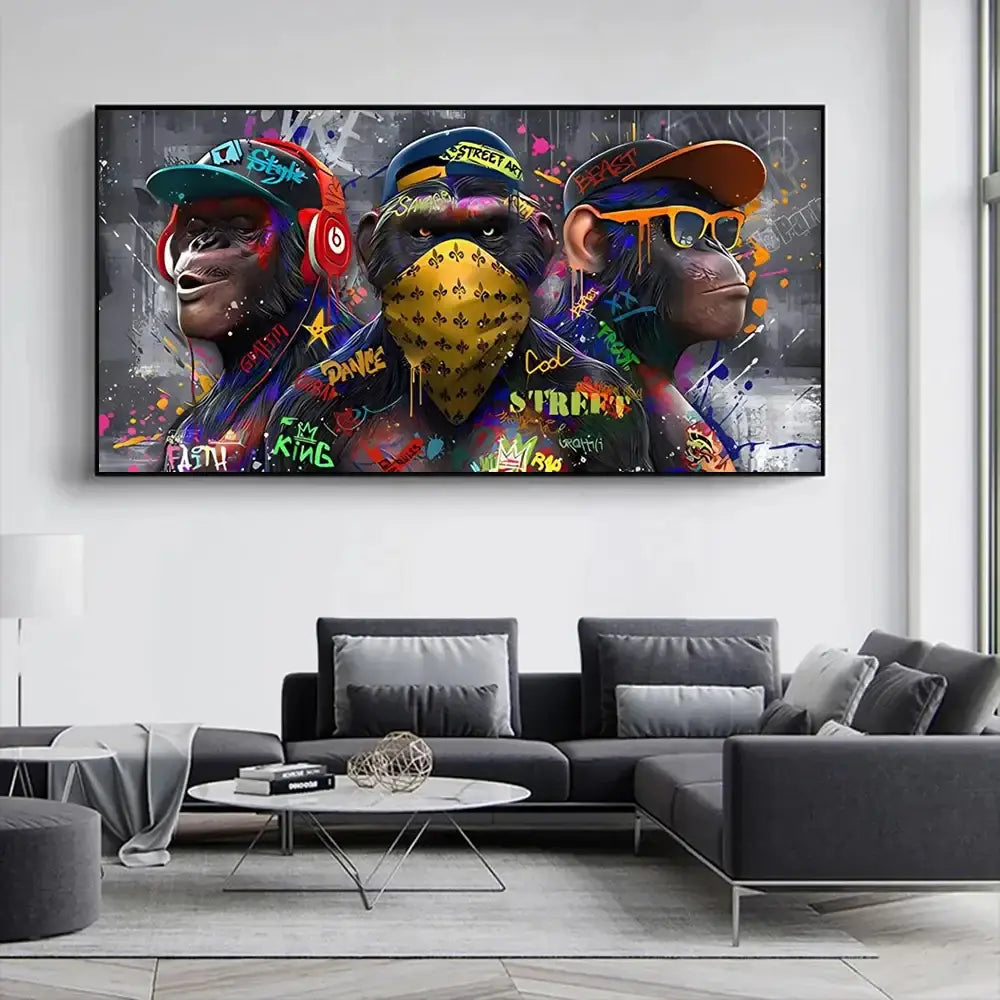 DecorBites™ trendy orangutans wall art print featuring vibrant graffiti style three trendy orangutans in streetwear