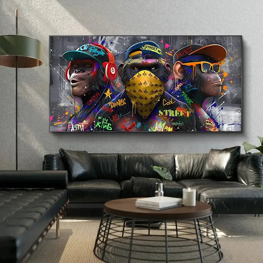 Vibrant graffiti-style canvas wall art print featuring three trendy orangutans in colorful streetwear and bold text