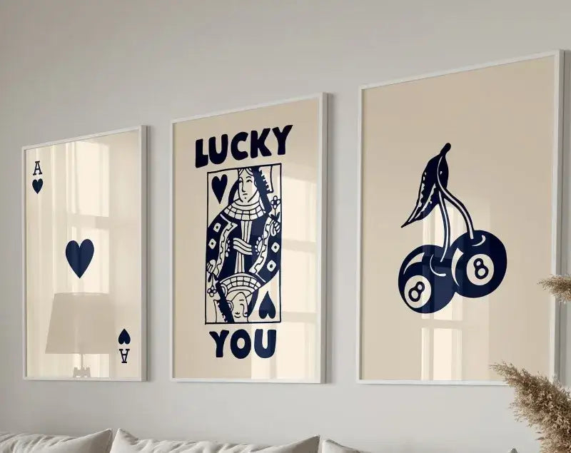 Decorbites trendy retro wall art posters 3-piece set featuring navy blue casino-themed designs on cream wall art posters