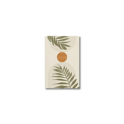 Beige rectangular canvas wall art by decorbites featuring tropical leaves abstract in olive green and gold textured shapes