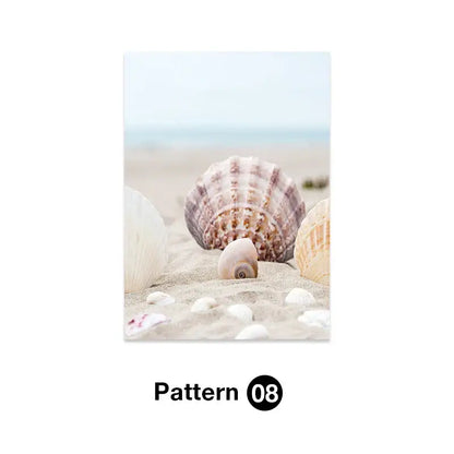 Decorbites tropical ocean shell wall art featuring serene beach scene with various natural shells in soft sand for living room