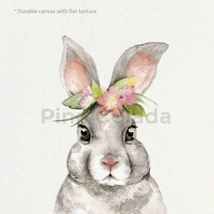 DecorBites™ tropical ocean shell wall art featuring gray bunny with floral crown on durable canvas for living room