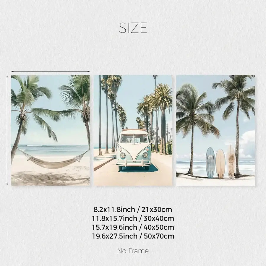 Set of three tropical surfboard travel canvas prints featuring hammock vintage van and surfboards for travel wall art
