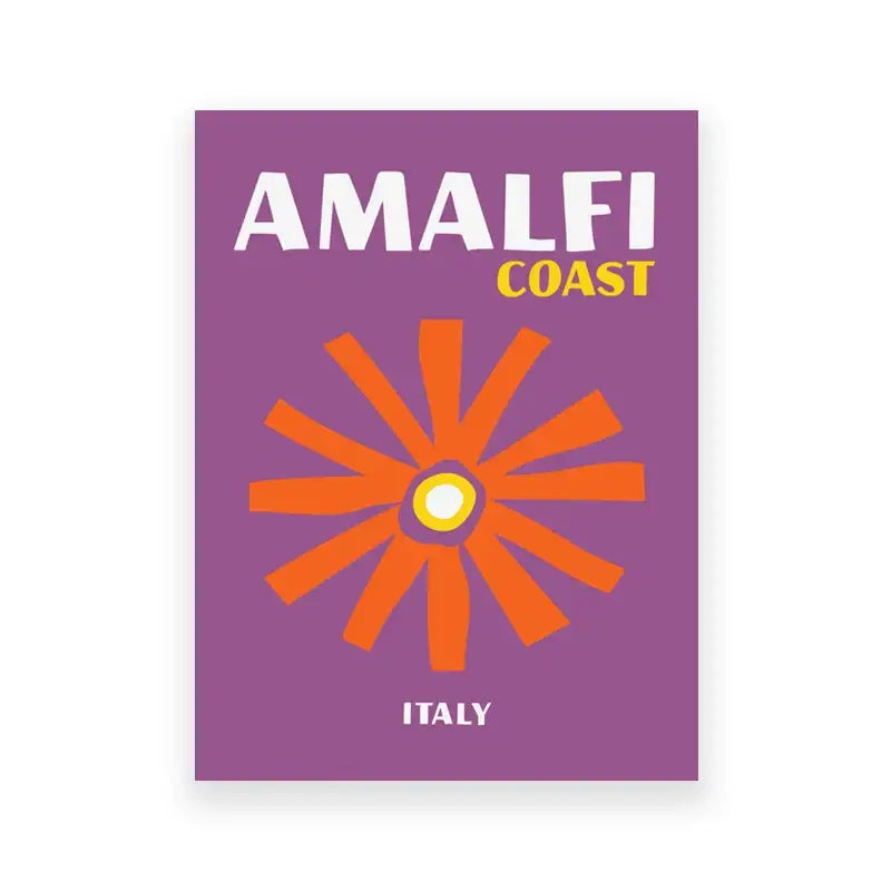 Decorbites™ tropical travel posters art print featuring a purple amalfi coast italy design with orange sunburst emblem