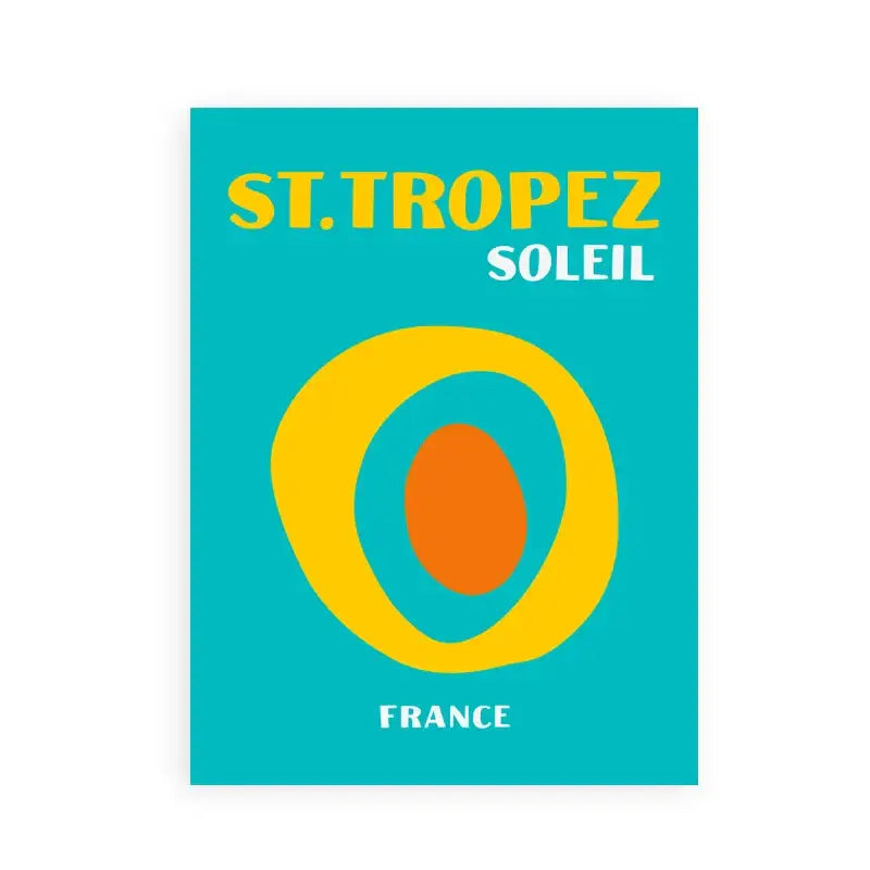 Vibrant turquoise DecorBites™ tropical travel posters art print featuring bold yellow and orange concentric circles