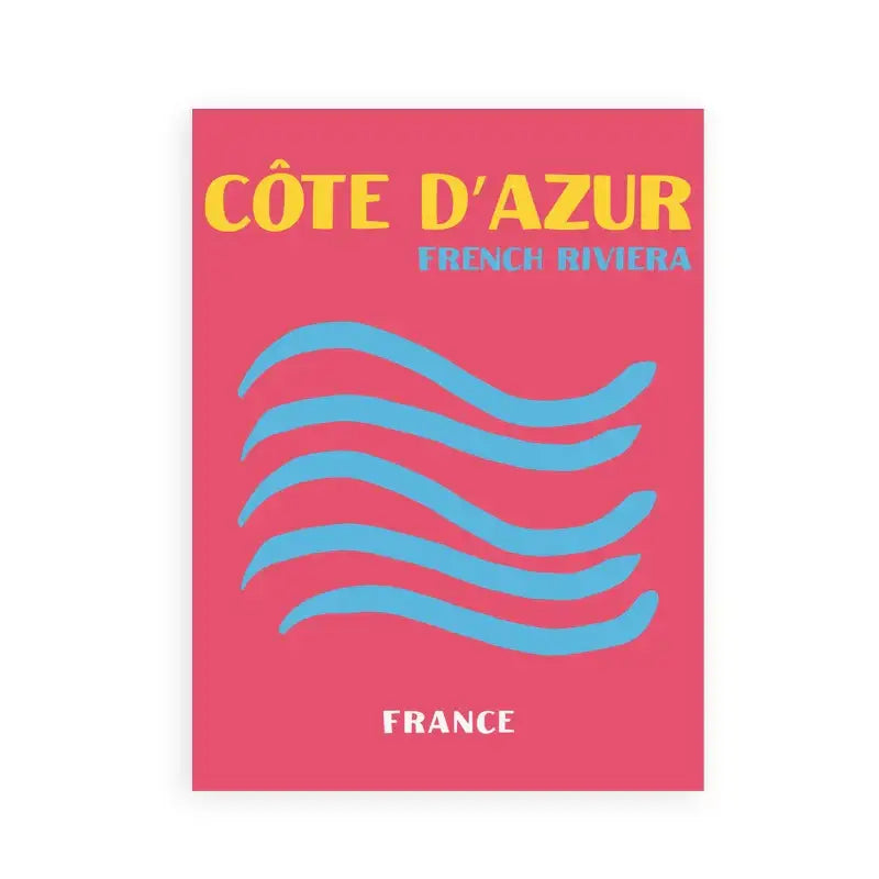 Vibrant pink decorbites™ travel posters art print featuring yellow and blue text côte d’azur french riviera with wavy lines