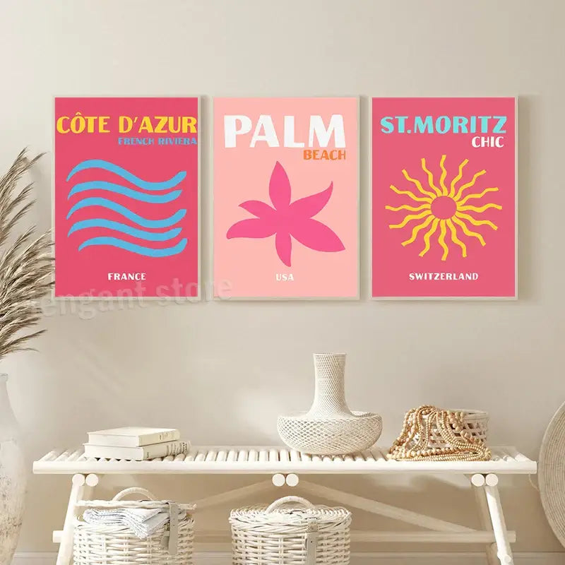 White woven vase with slender neck and bulbous base featured alongside DecorBites™ tropical travel posters art print