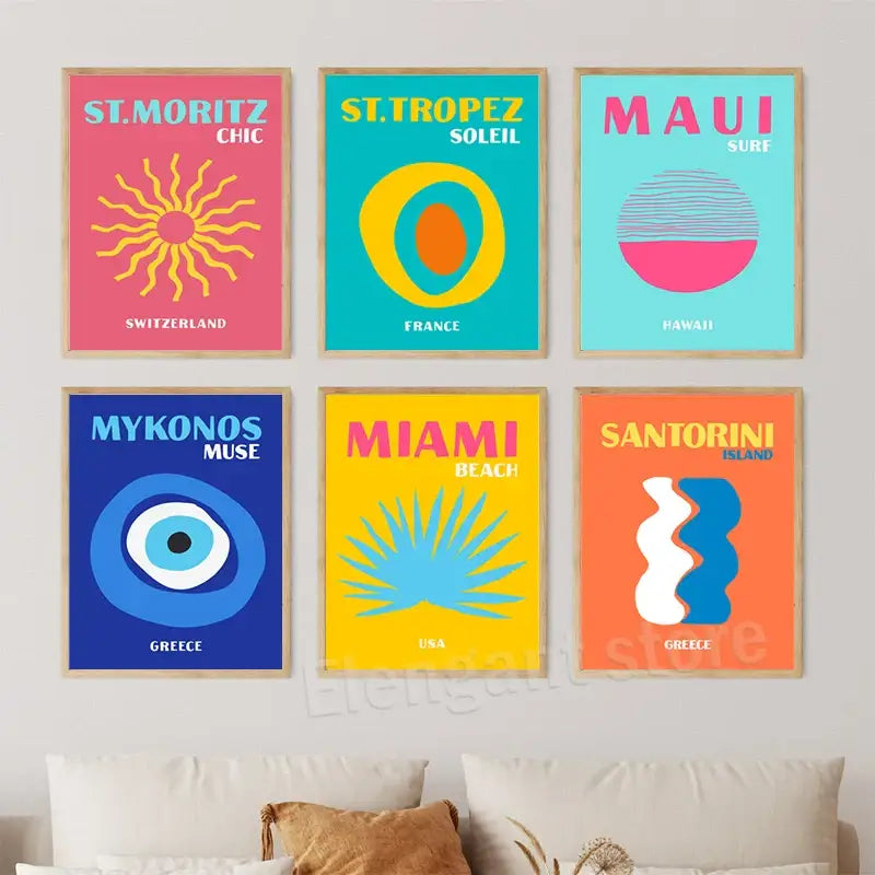 Set of six vibrant minimalist tropical travel posters art prints in wooden frames by DecorBites for wall decor