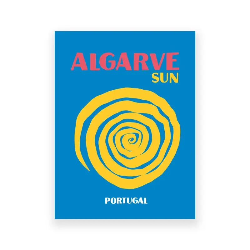 Vibrant blue decorbites tropical travel posters art print featuring a bold yellow spiral sun with algarve sun and portugal text