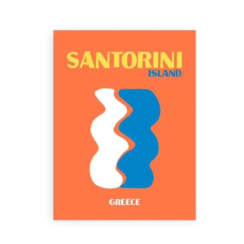 Vibrant orange DecorBites™ art print featuring a stylized white and blue wavy design of Santorini travel posters art