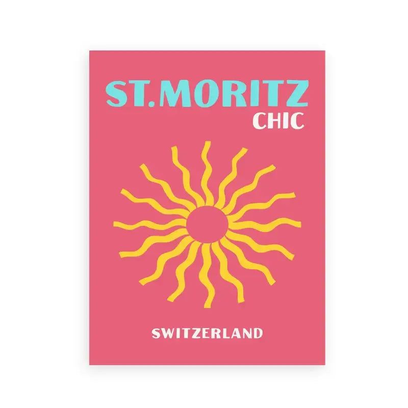 A vibrant pink DecorBites™ art print featuring a stylized yellow sun for tropical travel posters
