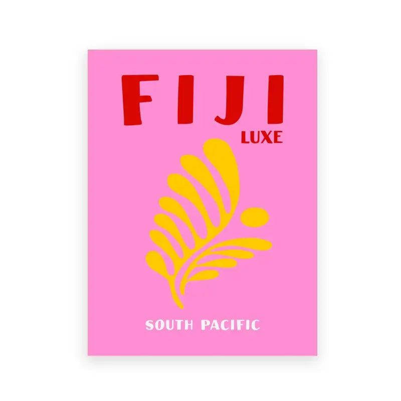 Vibrant pink decorbites tropical travel posters art print with bold red fiji luxe text and stylized yellow leaf design