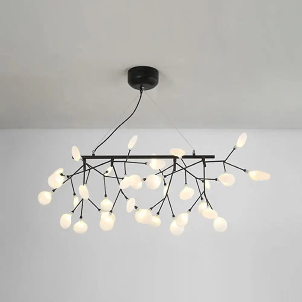Black metal linear firefly pendant lighting with branching arms and frosted glass globe ceiling light for living room