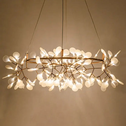 DecorBites ultra-modern rose gold ceiling light with frosted glass leaves and adjustable color temperature for restaurants