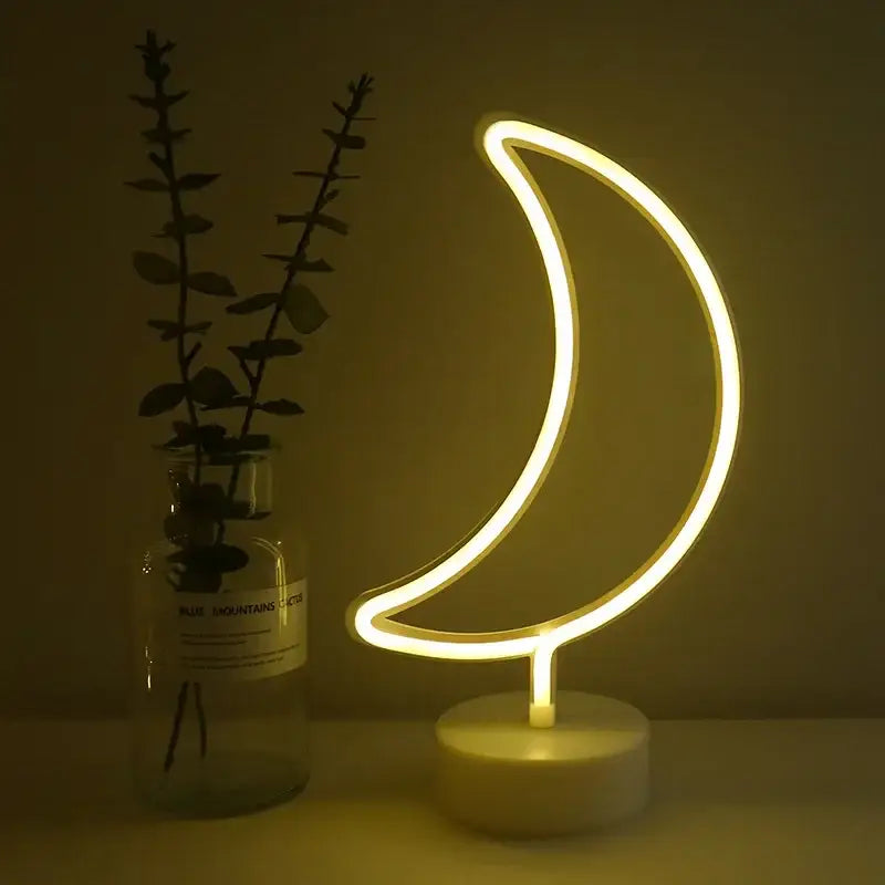 Decorbites™ usb led neon sign light featuring a warm yellow glowing crescent moon on a white circular base