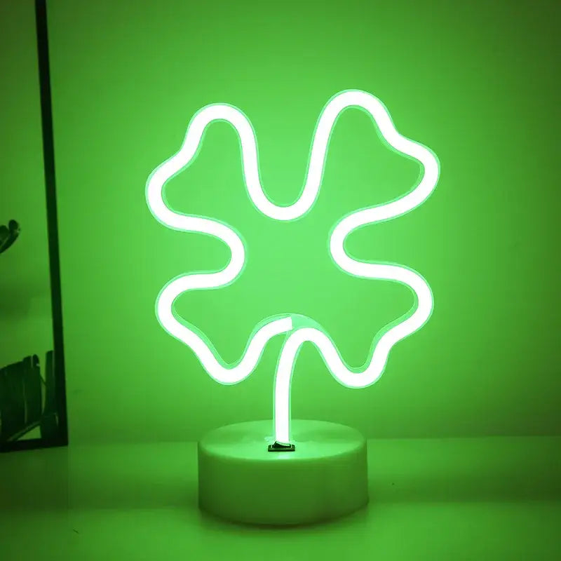 Decorbites™ usb led neon sign lamp with glowing white four-leaf clover outline and green base for home decoration