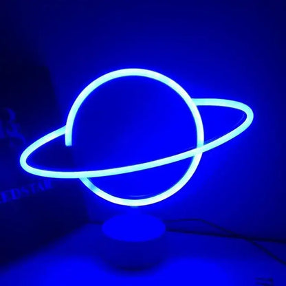 Decorbites usb led neon sign light featuring a glowing blue planet with rings neon sign for holiday decoration