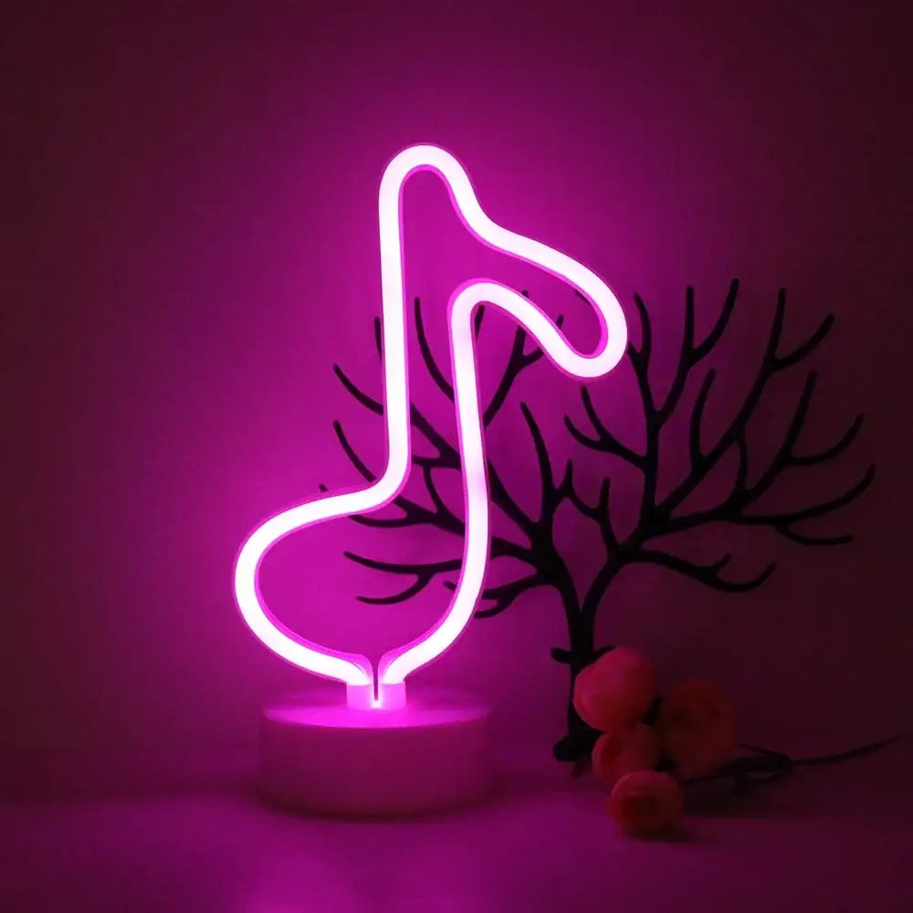 DecorBites™ glowing pink led neon sign shaped like a musical note on a white base for home and party decoration