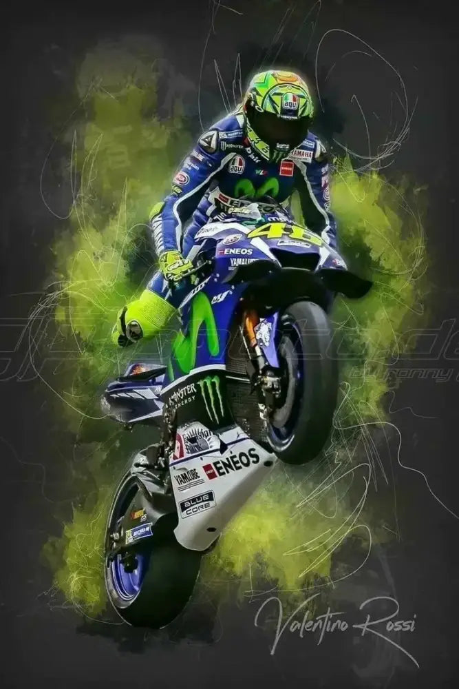 DecorBites™ Valentino Rossi canvas wall art featuring blue and green Yamaha motogp race bike for living room decor