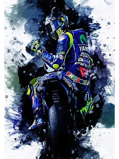 Blue and green yamaha racing suit canvas wall art featuring sponsor logos for living room decor by decorbites valentino rossi