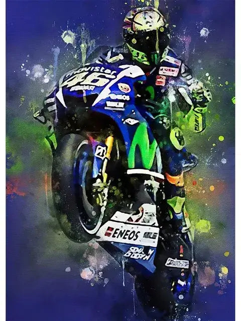 Decorbites™ valentino rossi motorcycle racing canvas wall art featuring blue and green racing bike, ideal for living room wall art
