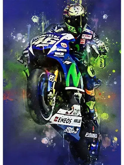 Decorbites™ valentino rossi motorcycle racing canvas wall art featuring blue and green racing bike, ideal for living room wall art