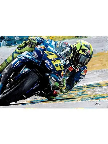 DecorBites™ Valentino Rossi motorcycle racing canvas wall art featuring vibrant blue and yellow design for living room