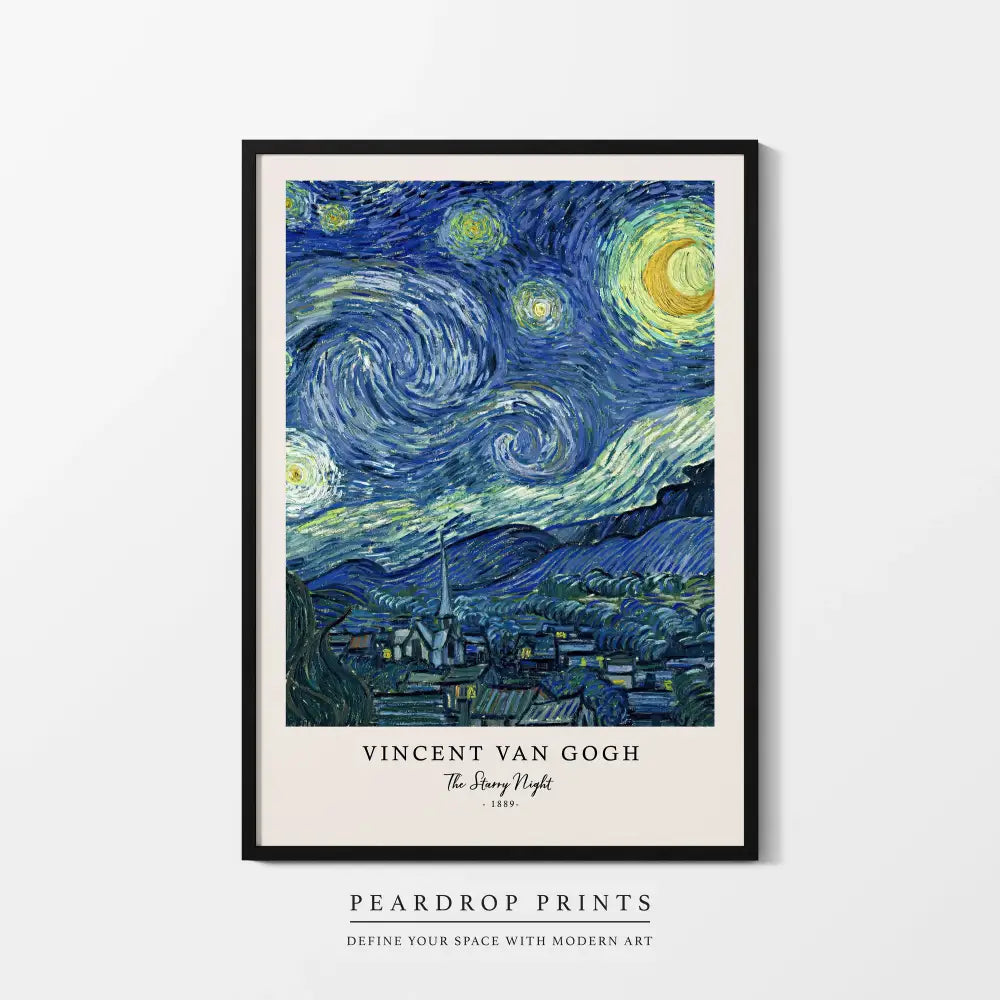 A framed print of vincent van gogh starry night with a black frame and cream-colored matting from DecorBites canvas prints
