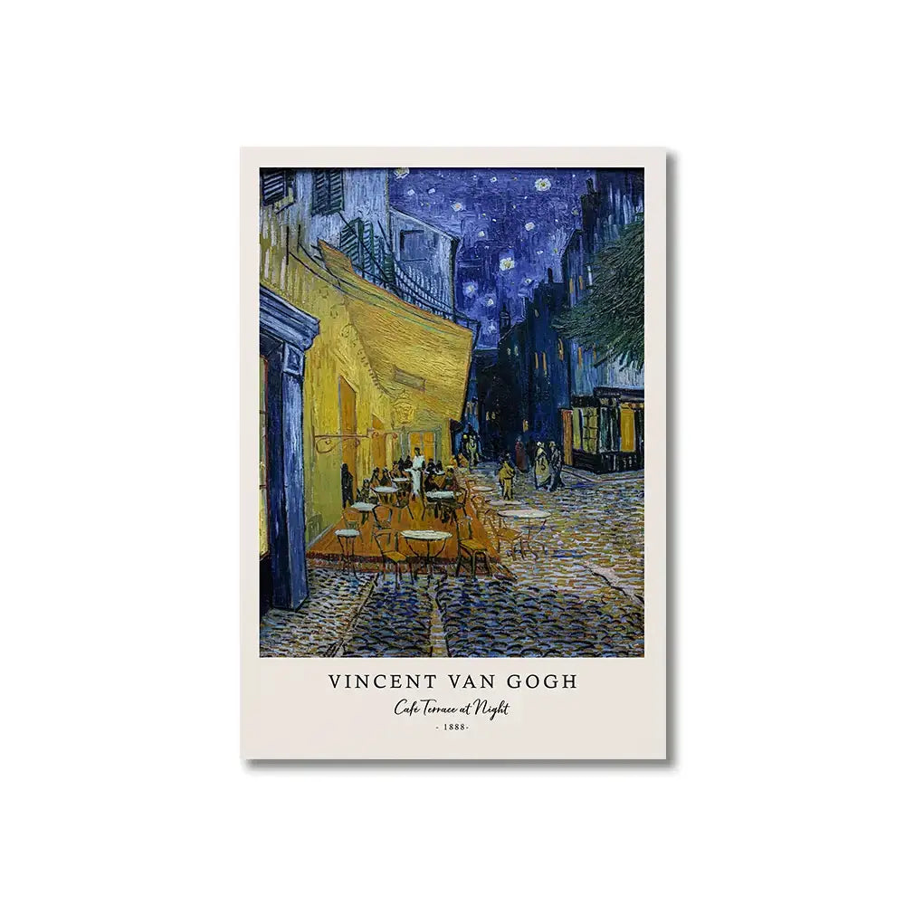 Decorbites™ vincent van gogh starry night canvas print featuring vibrant yellow café terrace and deep blue sky with bold brushstrokes