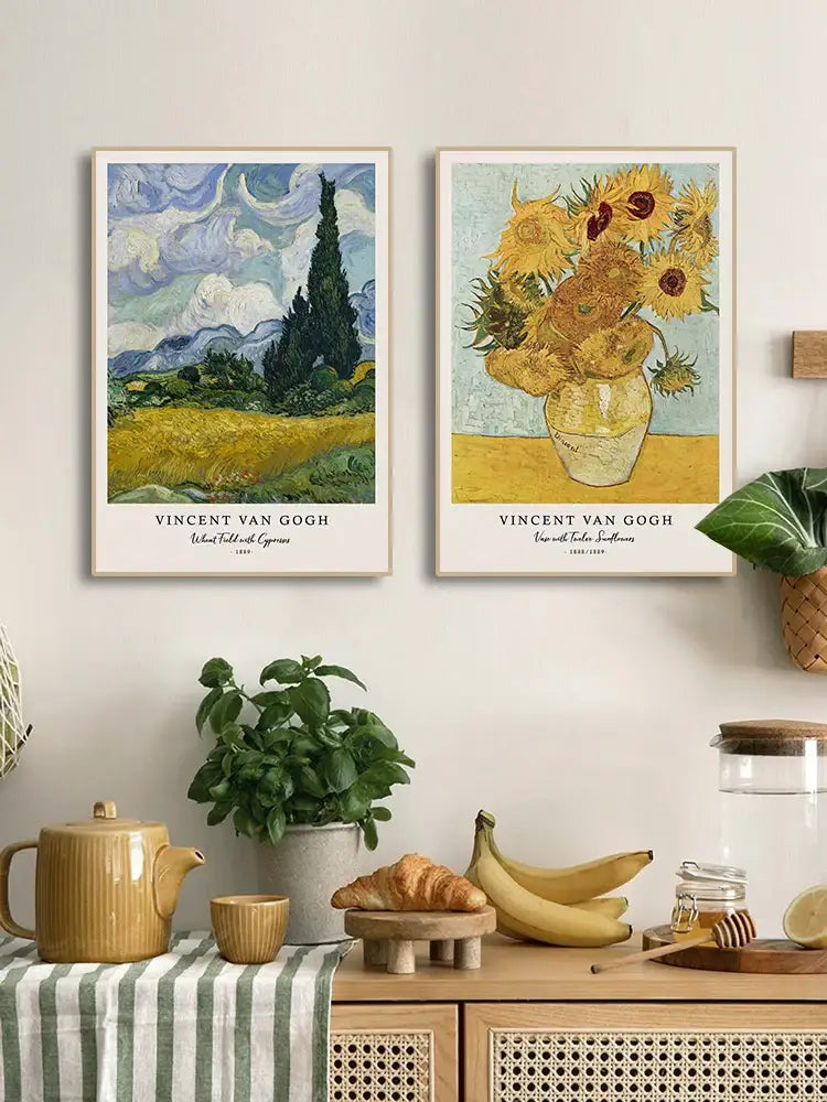 Two framed vincent van gogh prints featuring a wheat field with cypress and sunflowers in vase for decorbites starry night canvas prints