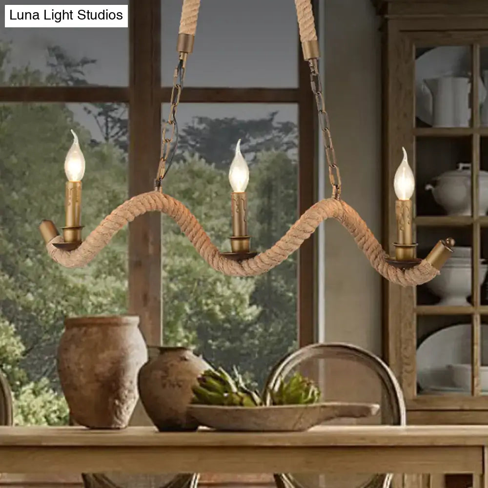 DecorBites vintage 3-head island pendant light with hemp rope body and brass candlestick bulbs in flaxen finish