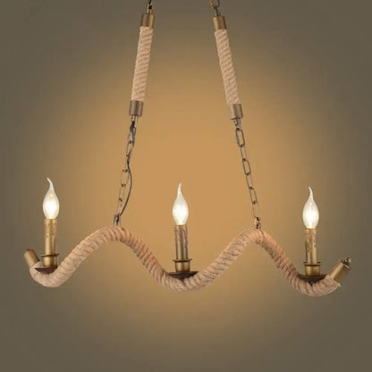 Decorbites vintage three-light island pendant light with wavy beige hemp rope and brass candlestick bulbs flaxen finish