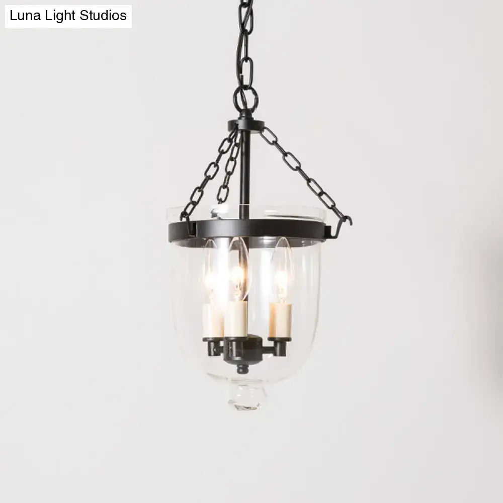 Black metal DecorBites™ vintage 3-light inverted cloche pendant chandelier with clear glass and chain cord length