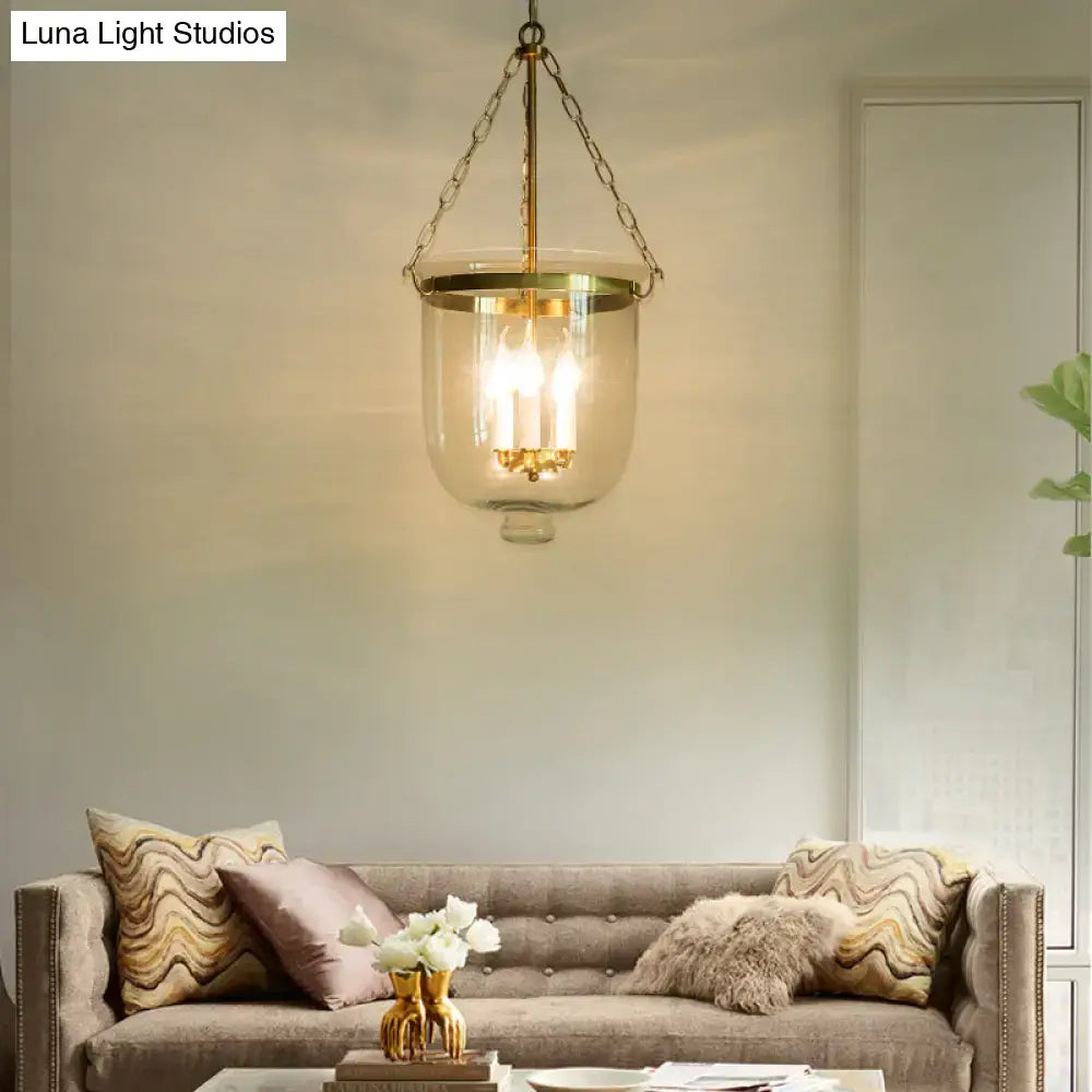 Decorbites vintage 3-light inverted cloche pendant chandelier with clear glass and brass finish featuring chain cord length