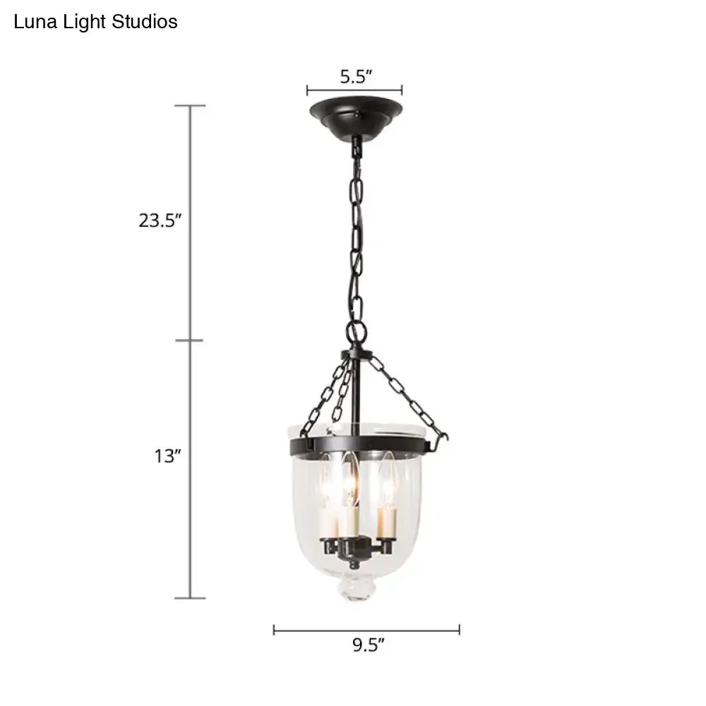 Black metal DecorBites™ vintage 3-light inverted cloche pendant chandelier with clear glass and chain cord length
