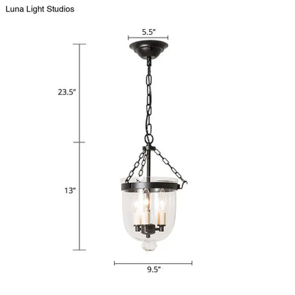 Black metal DecorBites™ vintage 3-light inverted cloche pendant chandelier with clear glass and chain cord length