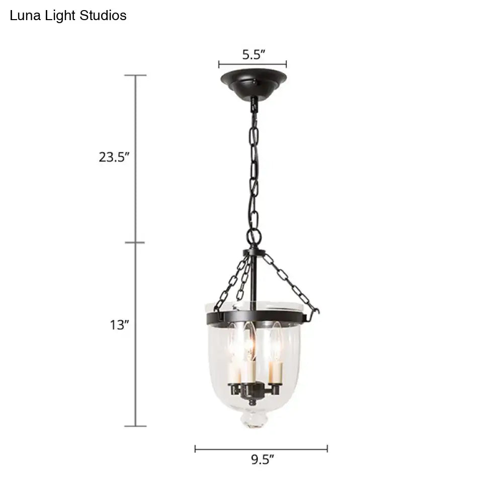 DecorBites vintage black metal 3-light inverted cloche pendant chandelier with clear glass and chain cord length suspension