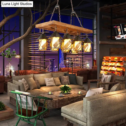 Rustic wooden chandelier with five amber-lit lanterns leaf etchings metal chains for 220v-240v rectangle white fabric clear design