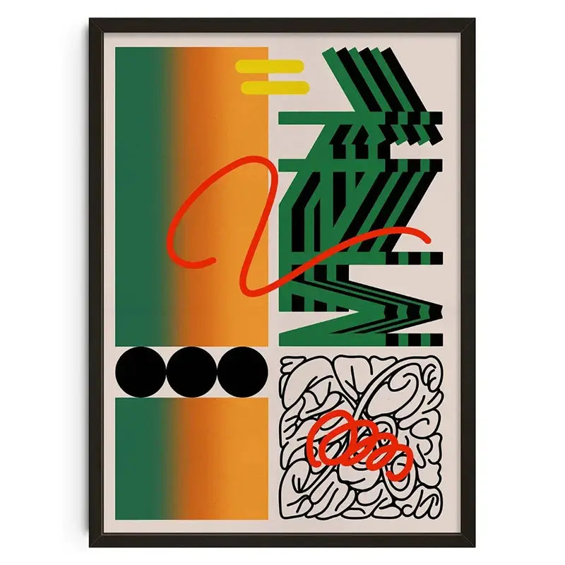 DecorBites™ vintage abstract canvas print with bold green and orange geometric shapes in a black frame for home decor
