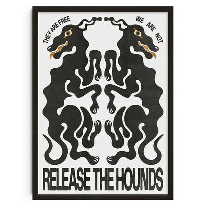 Black framed abstract canvas print featuring symmetrical hound figures with gold accents and bold text for home decor