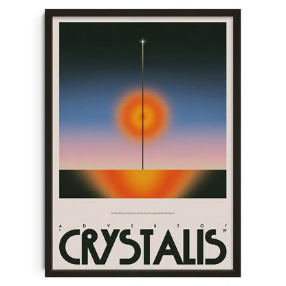 A framed decorbites™ vintage abstract canvas print featuring an orange and blue stylized sunset with bold black text