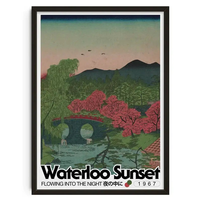 A framed decorbites™ vintage abstract canvas print featuring a serene japanese landscape with cherry blossoms and mountains