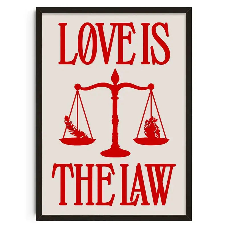 Red love is the law framed poster with scale and heart design in a DecorBites™ vintage abstract canvas print for home decor