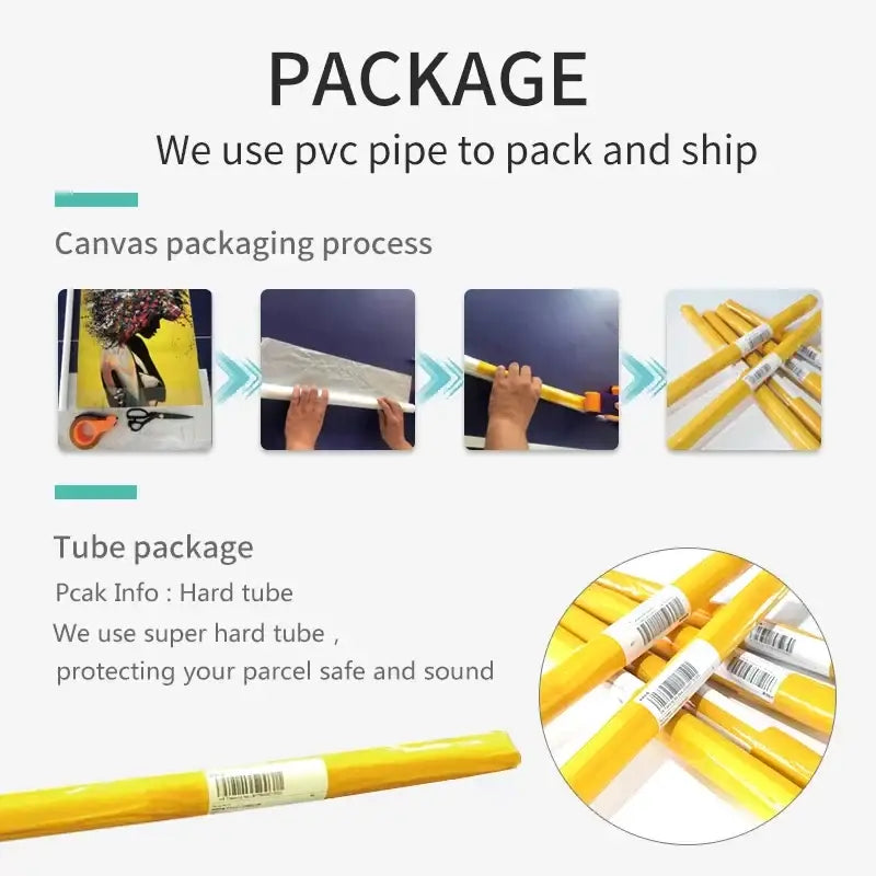 Yellow pvc pipe packaging tubes with white labels and barcodes for DecorBites™ vintage abstract canvas print shipping