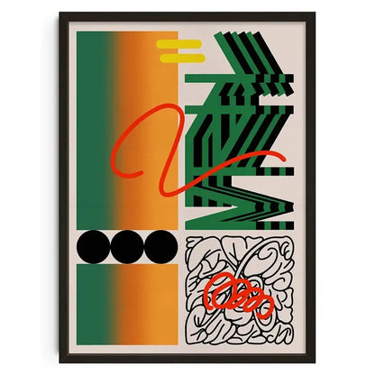 A framed decorbites™ vintage abstract canvas print wall art featuring bold green and orange geometric shapes with stylized lettering