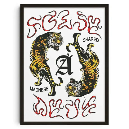 A DecorBites™ vintage abstract canvas wall art print featuring two stylized tigers with bold orange stripes