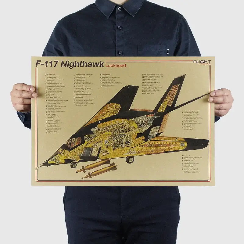 Vintage-style beige poster featuring detailed cross-sectional aircraft structural design of f-117 nighthawk stealth jet